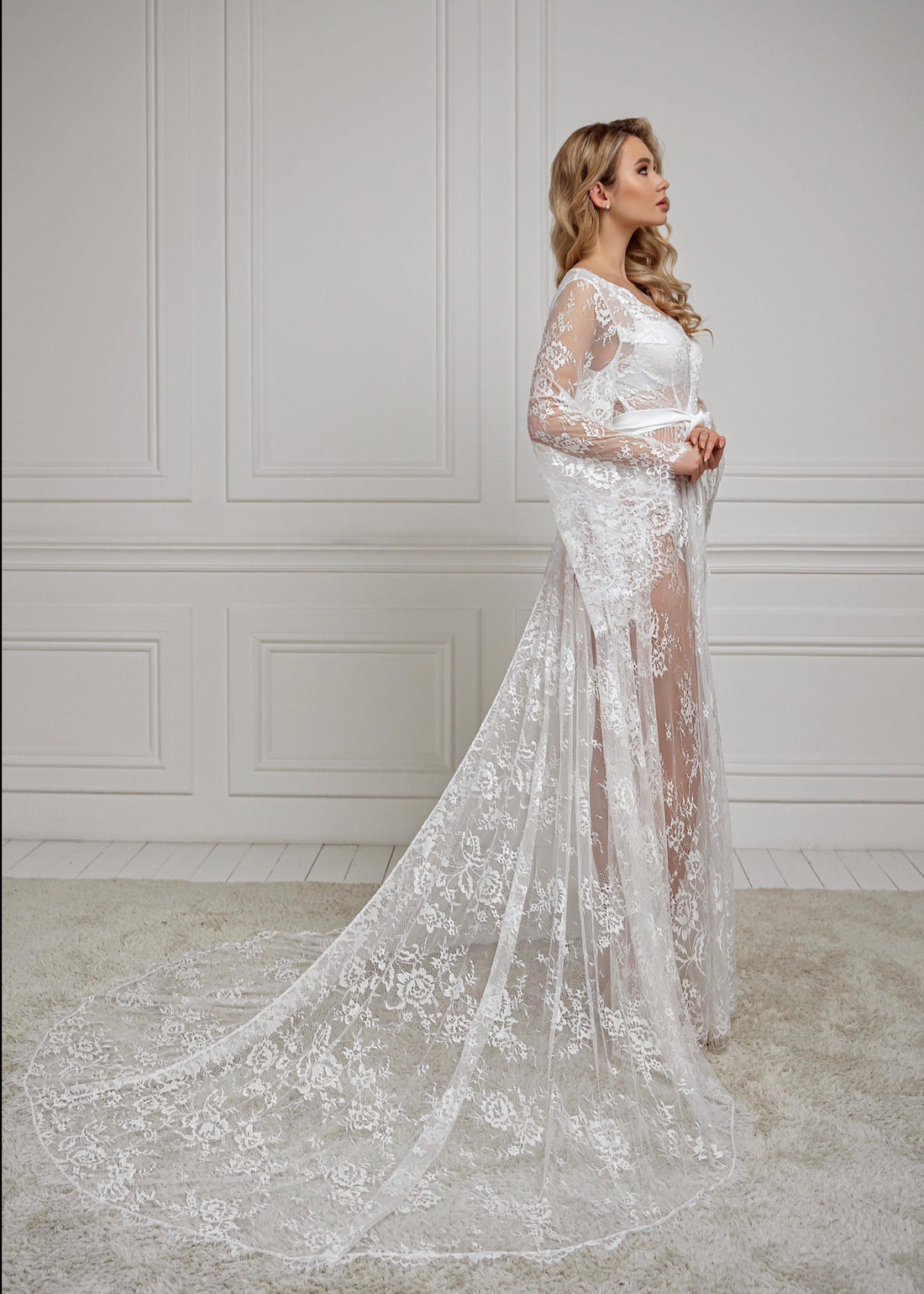 lace bridal robe with train