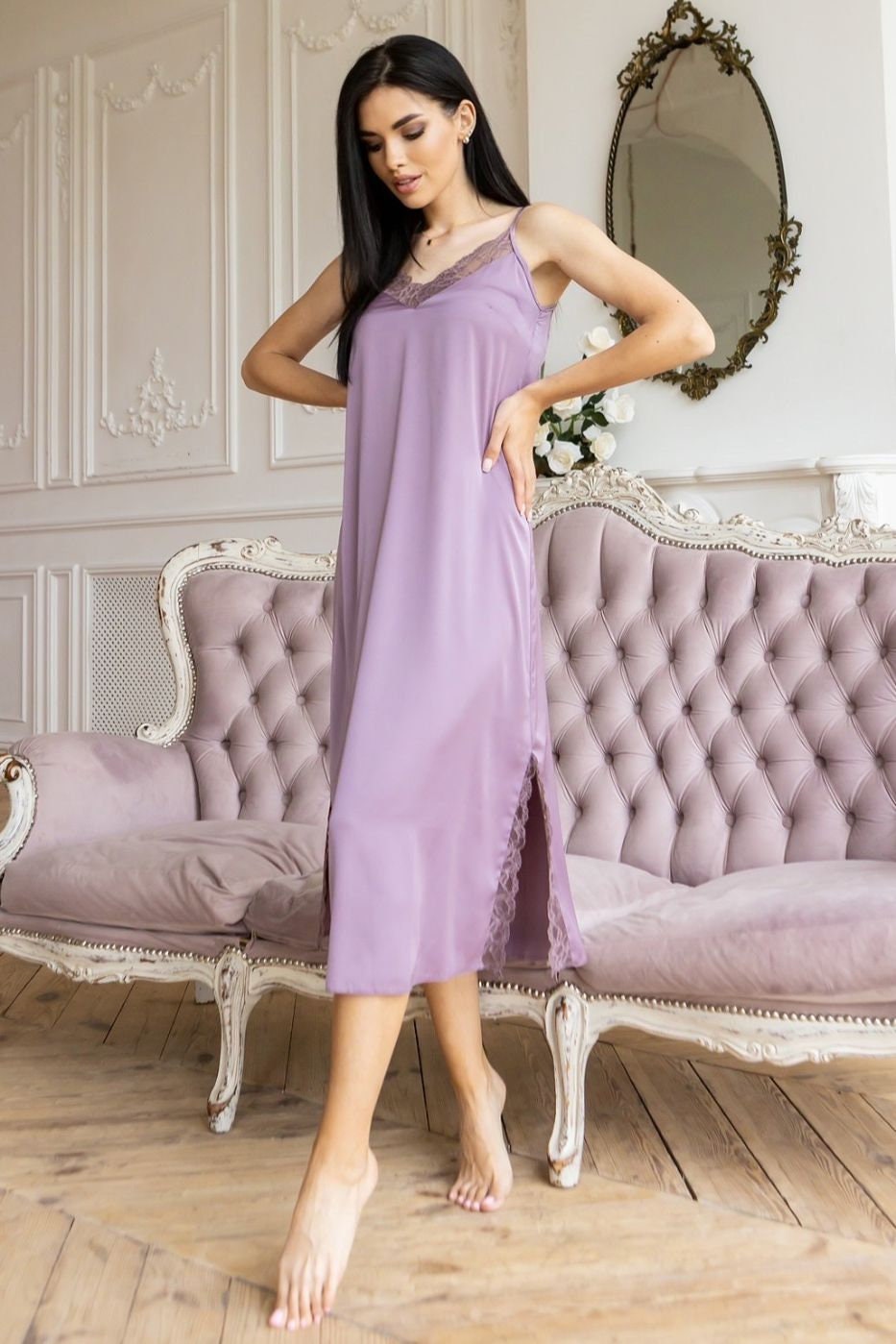 Lilac nightgown with lace - open back negligee