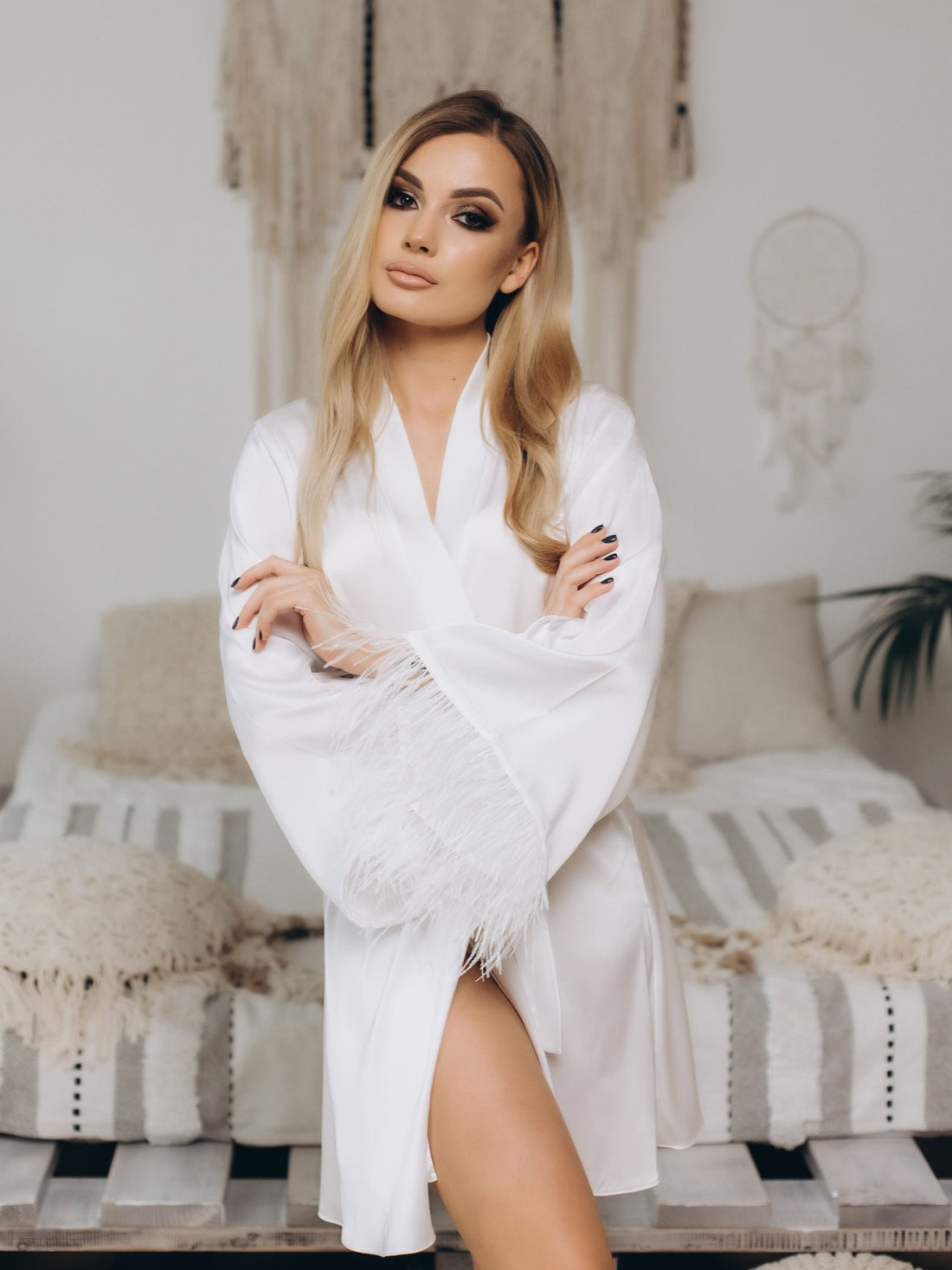 White robe bride feathers