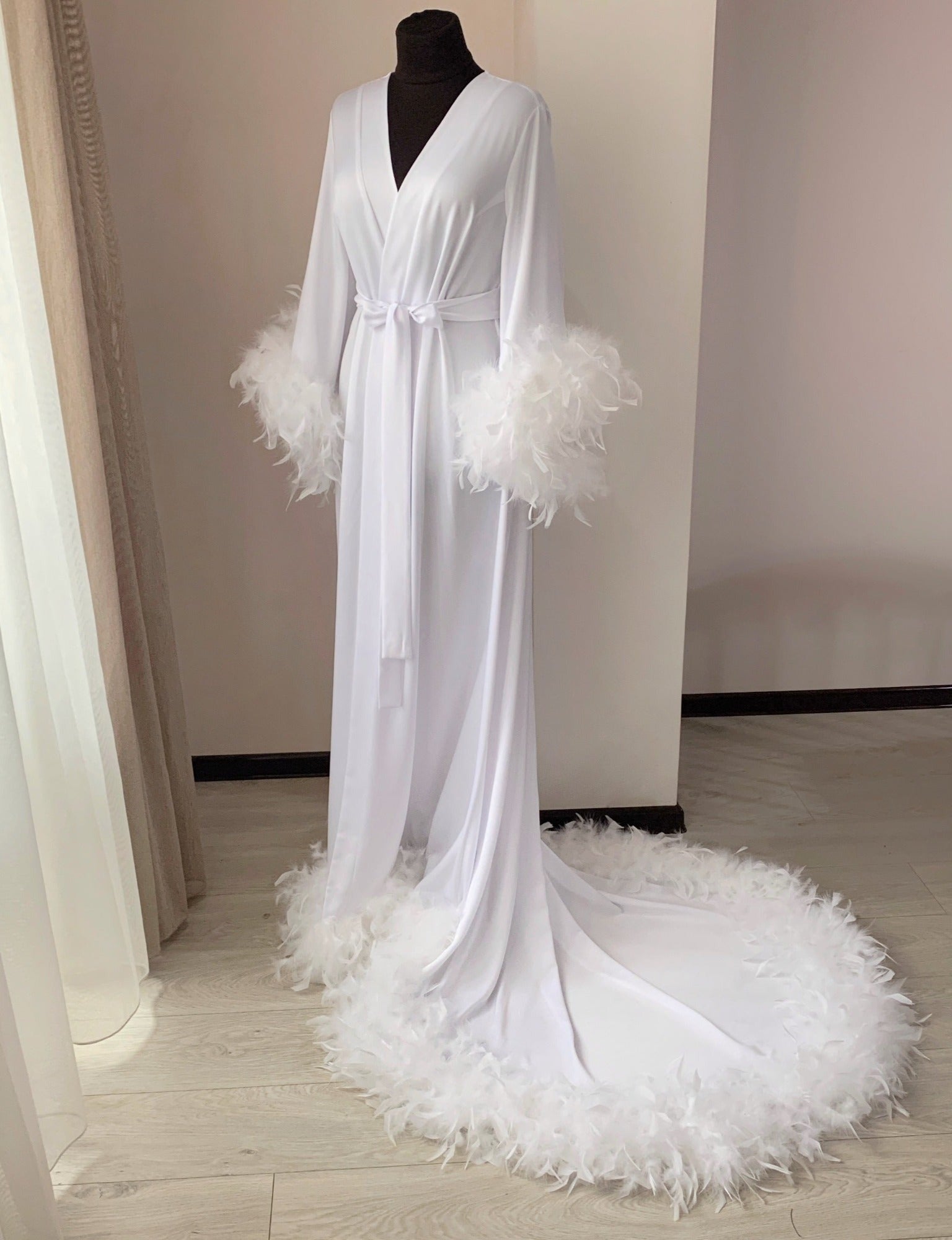 Feather robe long with train White, XL / 68 Feather robe long with train White, XL / 68