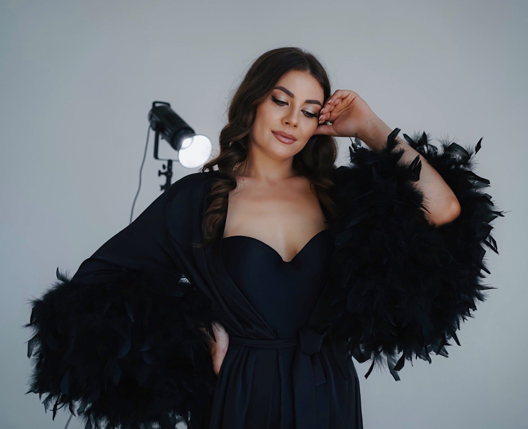 feather bridal robe black
