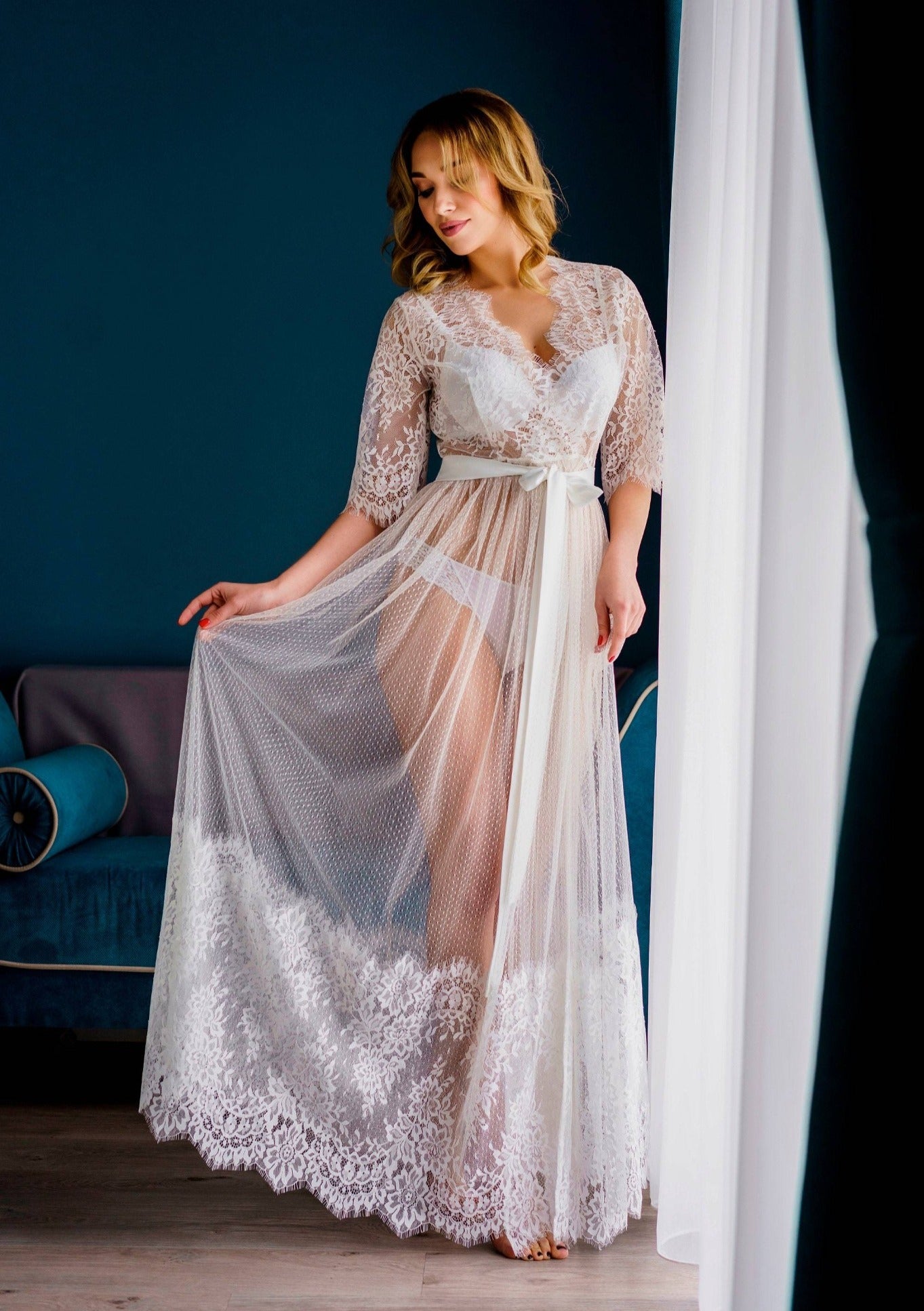 Bridal lace maxi robe Handmade, XL / 71 Bridal lace maxi robe Handmade, XL / 71