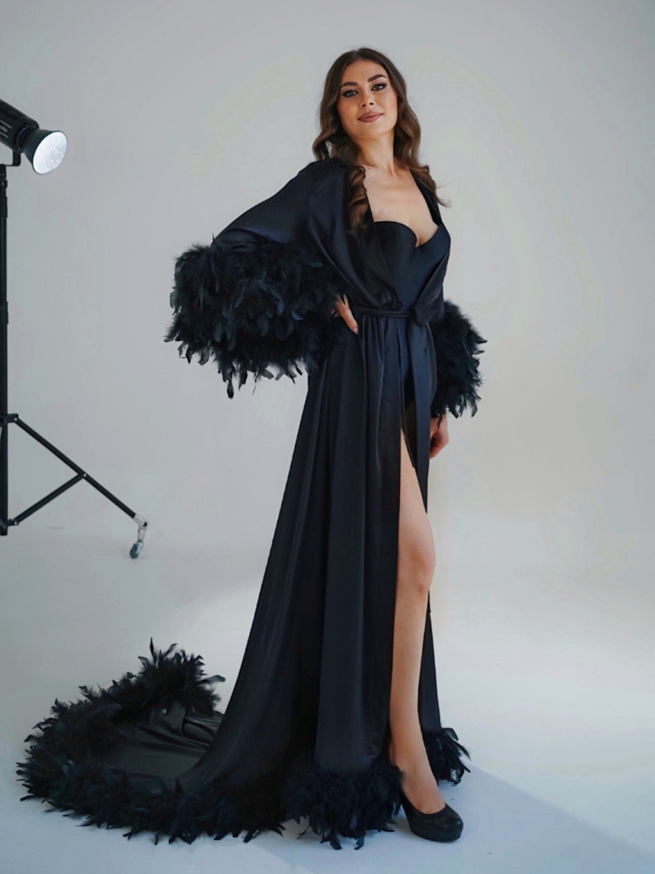 Long feather robe train Black | Double feathers on the sleeves, Black / S Long feather robe train Black | Double feathers on the sleeves, Black / S