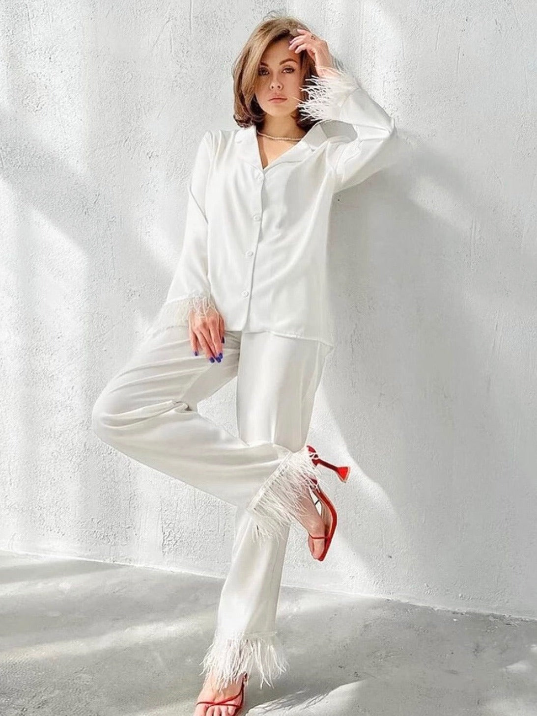 White with Blush Feather Pajama Pants Set  Lounge wear, Pants set, Short  pajama set