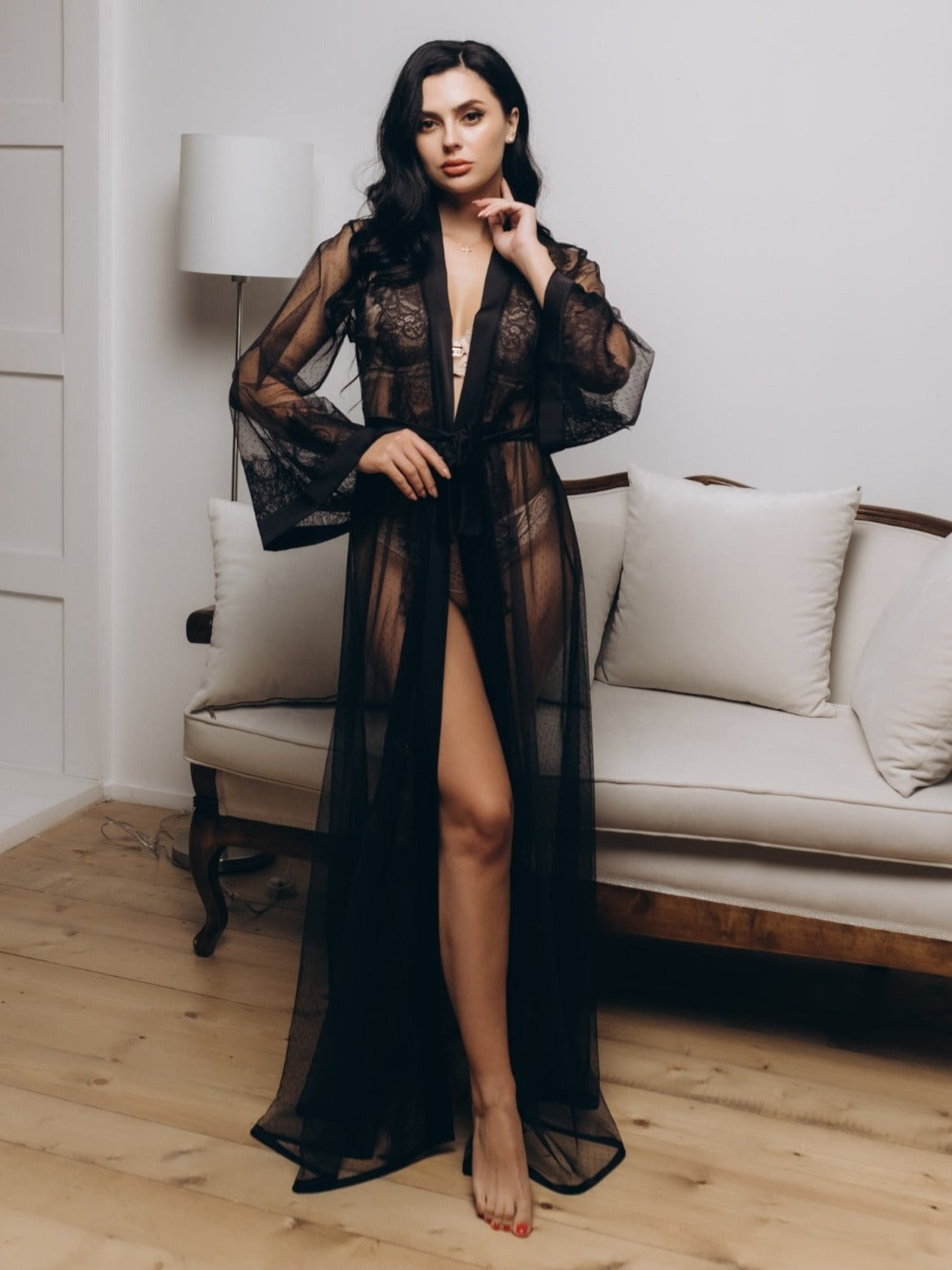 black sheer dressing gown Swan Queen long bridal lace robe gown with scalloped train in Black