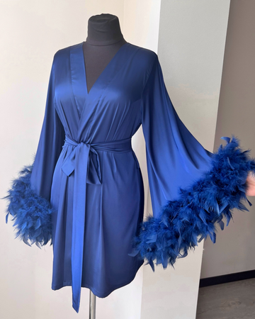 Blue bride robe feathers short Handmade