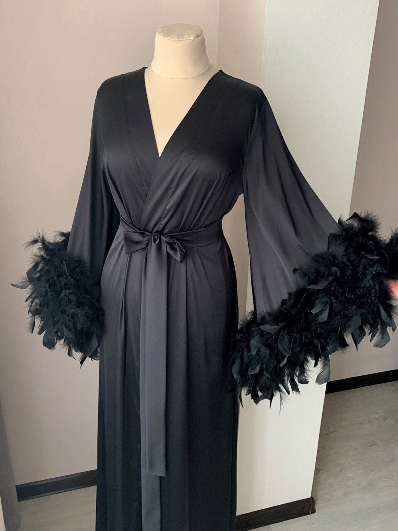 black dressing gowns Long Black robe with feathers BellaDonnaUa, Black / S