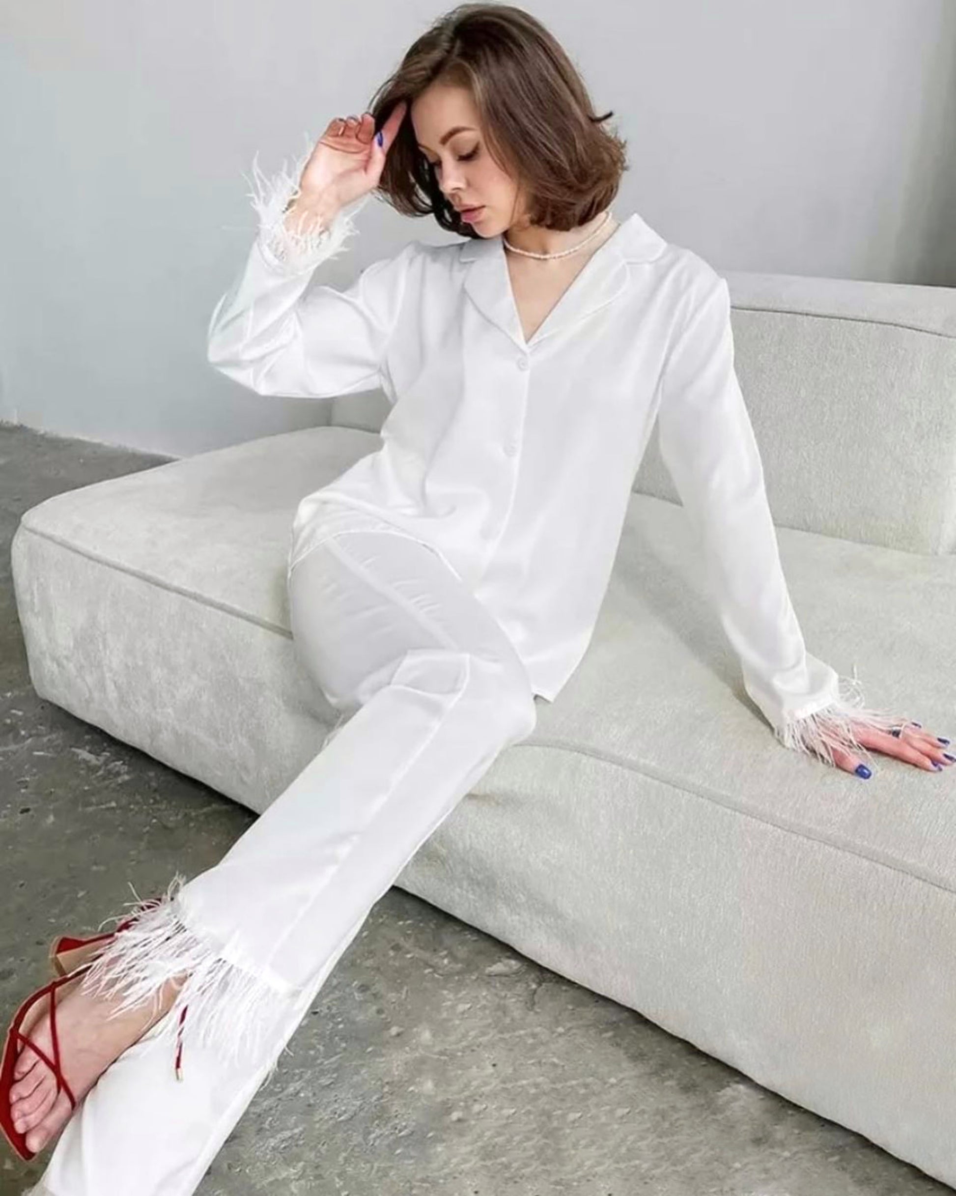 white feather pjs