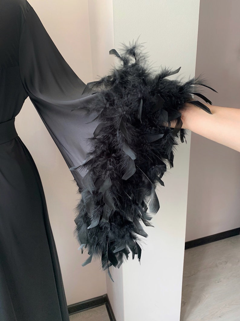 Long black robe with feathers BellaDonnaUa