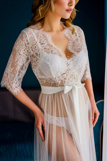 Lace long robe, Lace maxi robe, Sheer robe, Lace bridal robe, Tulle wedding robe, Lace lingerie, Wedding lace gown, Wedding Day
