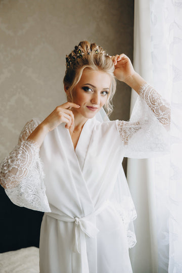 Ivory bridal robe, kimono robe, bridal lace robe, lace robe, bridal kimono, lace sleeves, bridesmaid gifts, dressing gown,