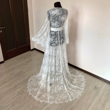 Long lace bridal robe with train, Maxi lace robe, Sheer robe, Ivory Chantilly gown, Wedding day