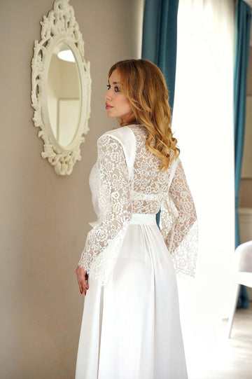 Long kimono bridal robe, Maxi robe with lace back, Lace sleeves, Boudoir lingerie