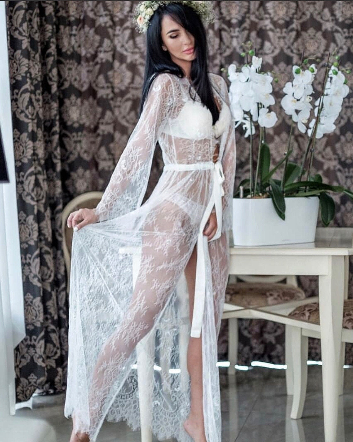 long sheer dressing gown Elisabeth" Sheer Dressing Gown w/ Lace, Black