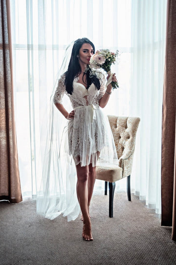 Bridal lace robe, Wedding day, Sheer robe, Lace robe for bride, Wedding lace robe