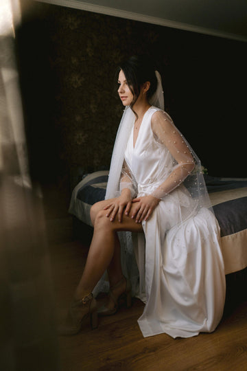 Maxi long bridal robe, boudoir robe, pearls ivory tulle bride robe, wedding kimono, floor length