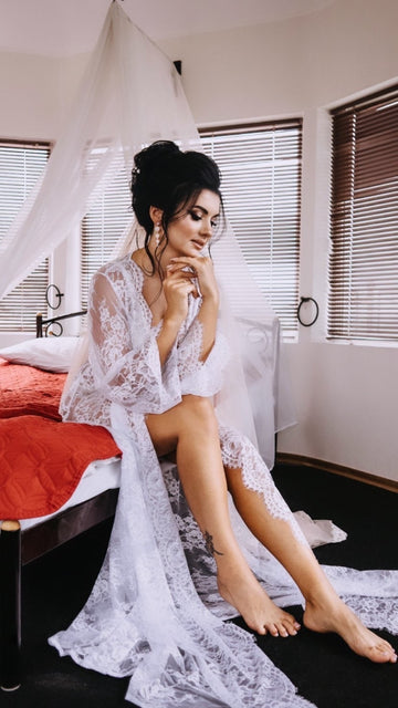 White lace robe bride, boudoir long gown, lace bridal robe, sheer robe, lace kimono, maternity robe, bridal lingerie