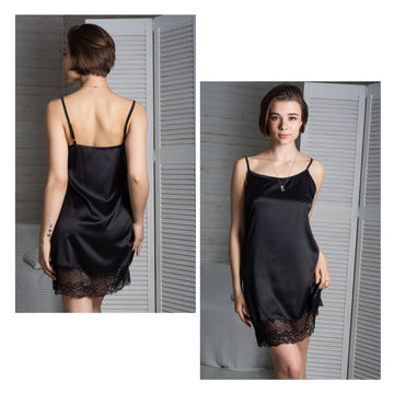 Black nightgown, slip dress, nightgown with lace, wedding nightgown, bridal lingerie, sleepwear for woman, sexy lingerie, lace peignoir