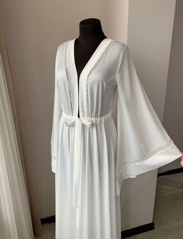 Long bridal robe with beads, floor length robe, maxi bridal robe, kimono robe wedding