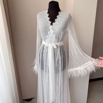 Lace robe with train, bridal robe long, lace wedding robe, feather robe sheer, sheer kimono robe, sleeves beads, bridal lingerie