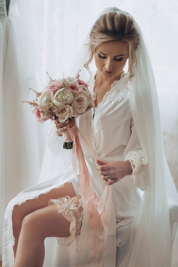 Long bridal robe, ivory lace robe, sleeve with cuffs, wedding lingerie, bridal dressing gown
