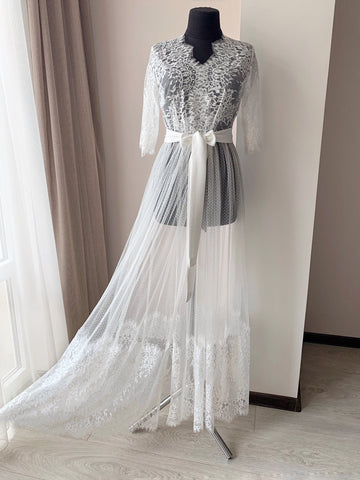 Lace bridal robe, Long tulle robe, Sheer robe, Boudoir robe