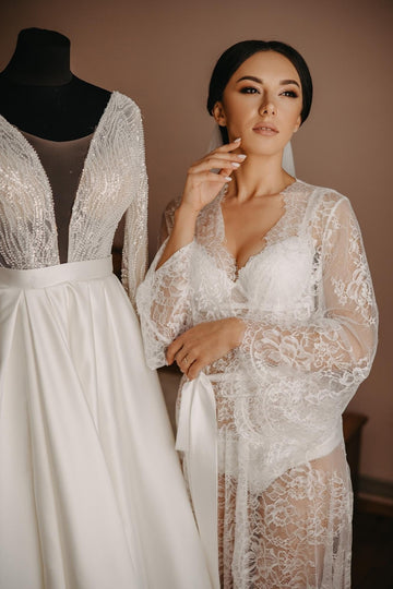 Lace bridal robe, bridal robe long, sheer robe, lace robe long, bridal lingerie