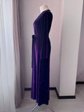 Side view of long purple velvet robe with belt, smooth fit and elegant kimono sleeves.