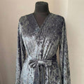 Silver gray crushed velvet robe shown in different lighting