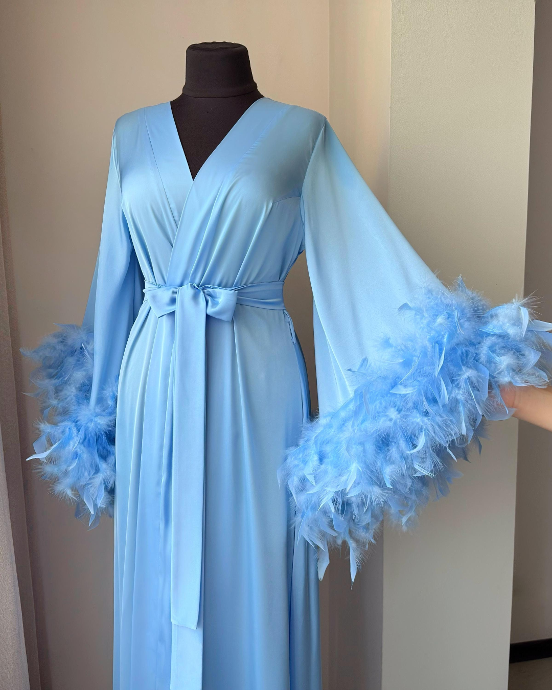 Feather Robe Blue Blue Feather Bridal Robe - BellaDonnaUa Silk Satin Kimono