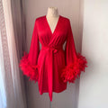 Short red satin robe with feather cuffs, elegant handmade bridal robe for gift
