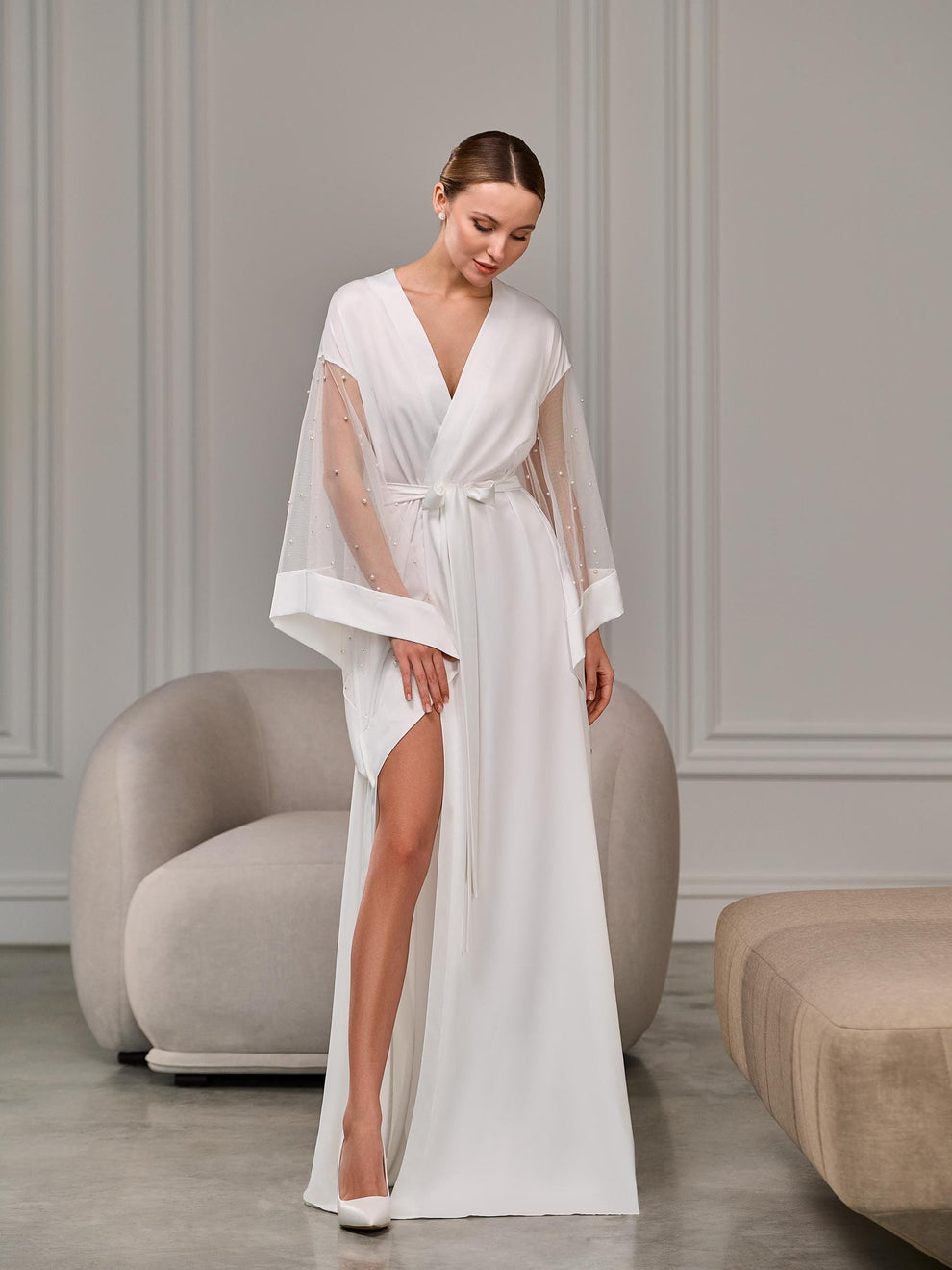 Pearl bridal robe with sheer sleeves | Handmade ️ – BellaDonnaUa