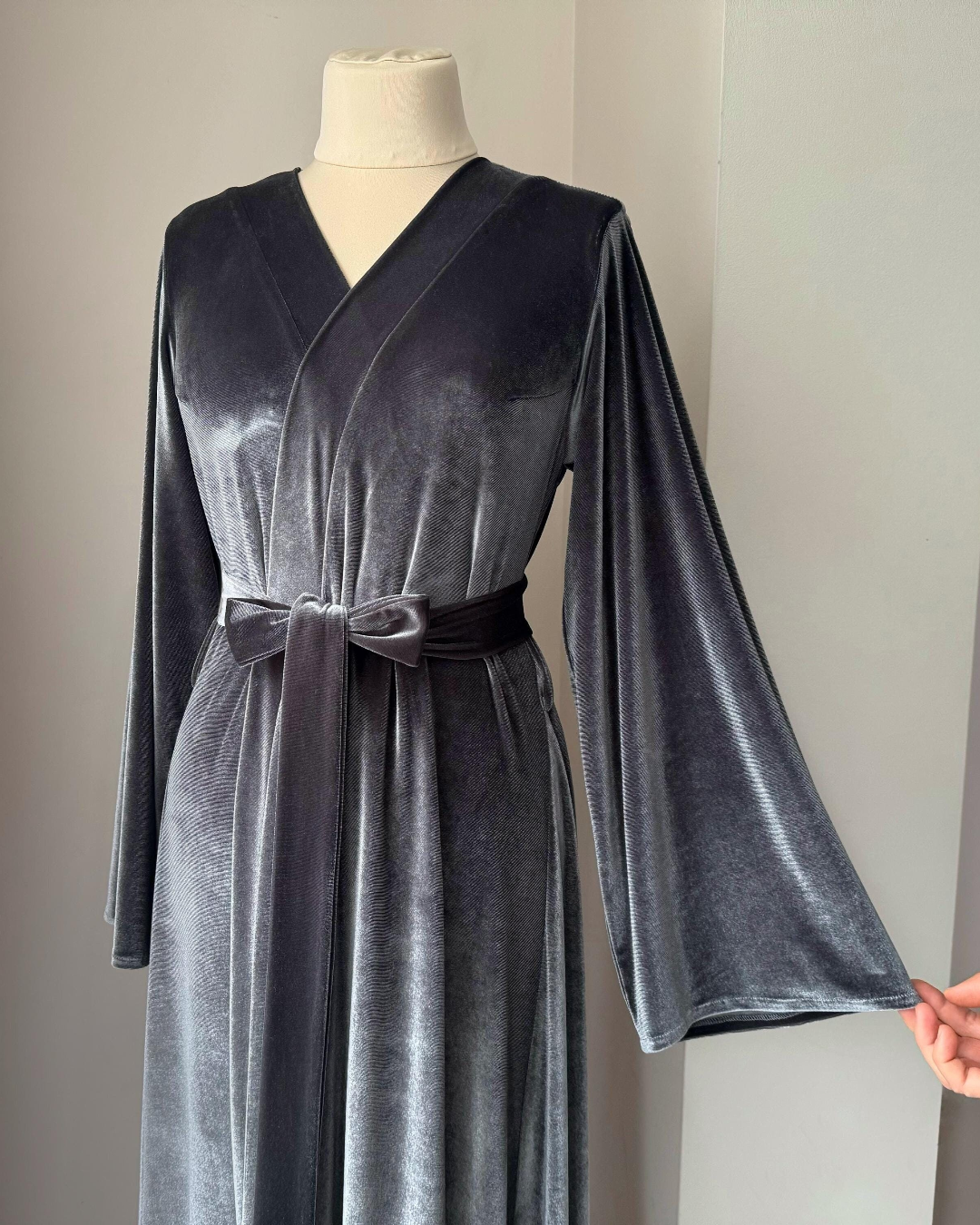 Grey velvet dressing gown – Long wrap-style robe, S-M / 61