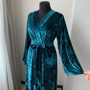 Teal velvet robe Long, Floor length crushed velour kimono, Dressing gown women