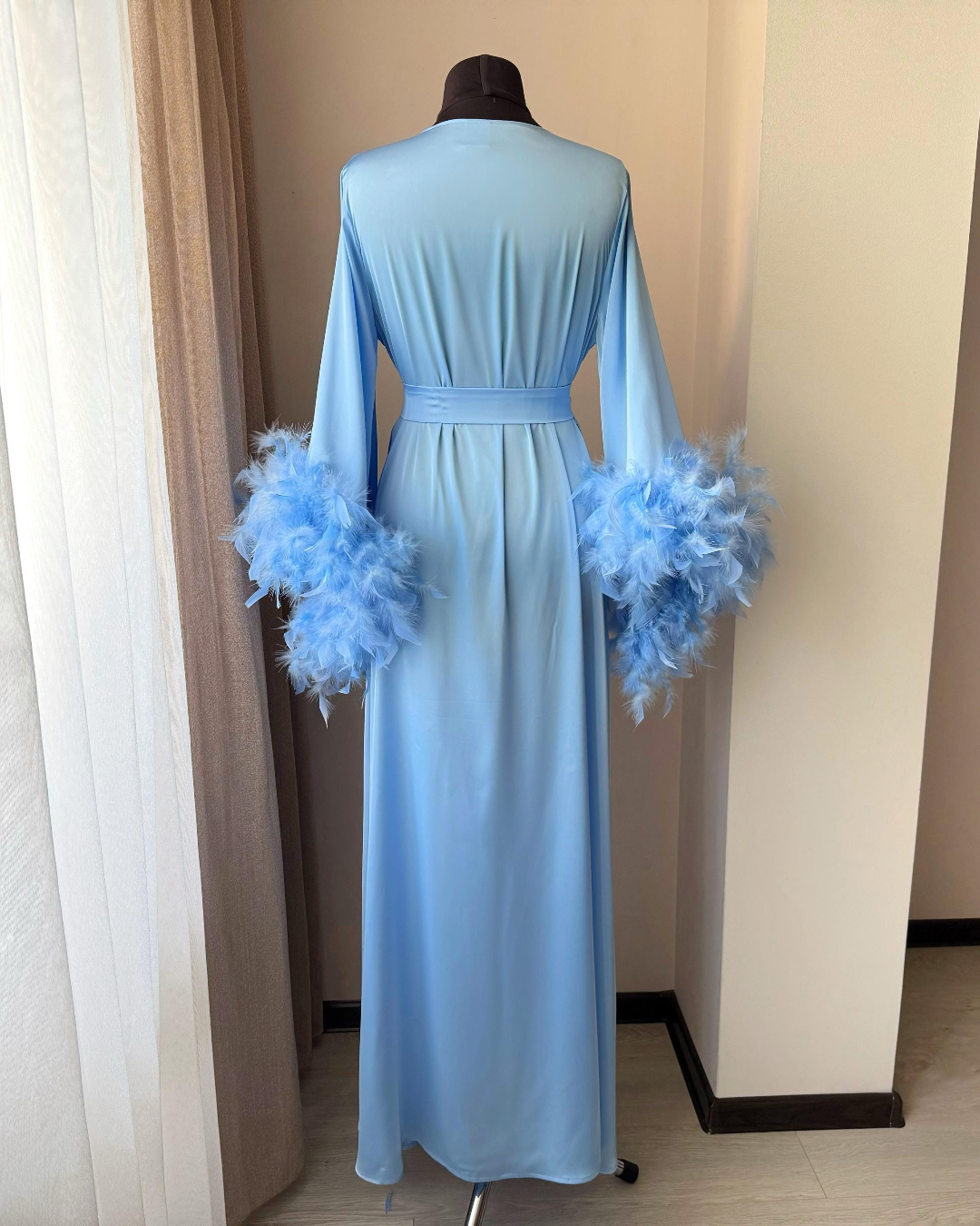 Light blue feather bridal robe: Long silk kimono with soft sleeves, XL / White Light blue feather bridal robe: Long silk kimono with soft sleeves, XL / White