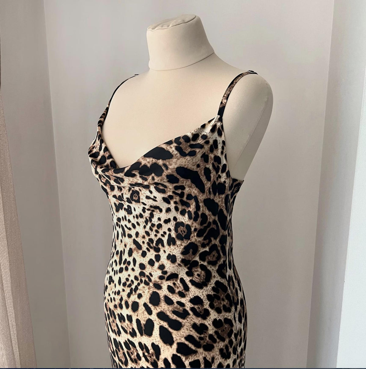 Handmade leopard satin maxi nightgown showing its flowing animal print fabric