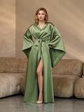 Olive green silk satin kimono robe, floor-length with wide sleeves and tie belt