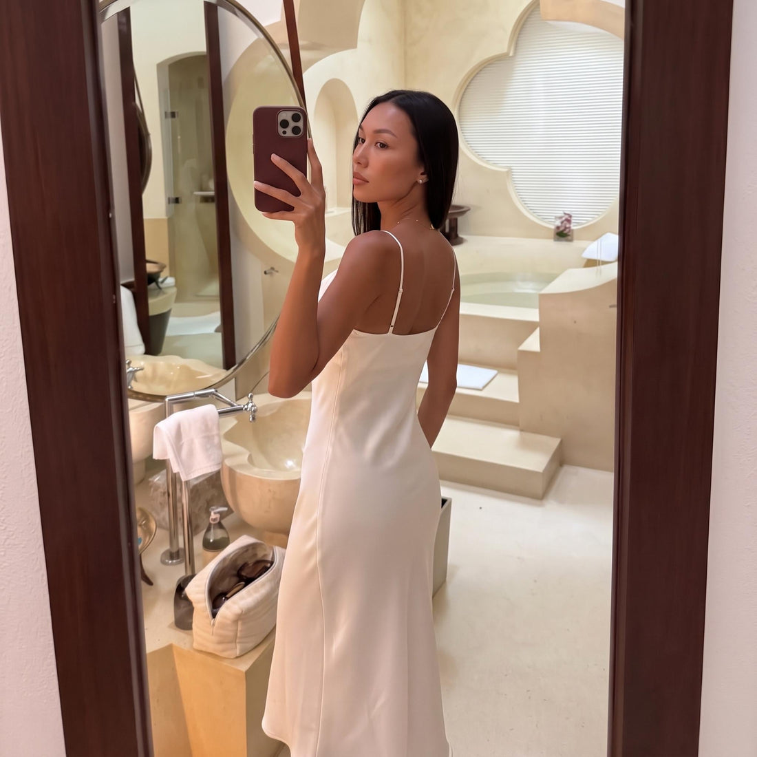 Ivory satin midi slip dress with draped cowl neck – BellaDonnaUa