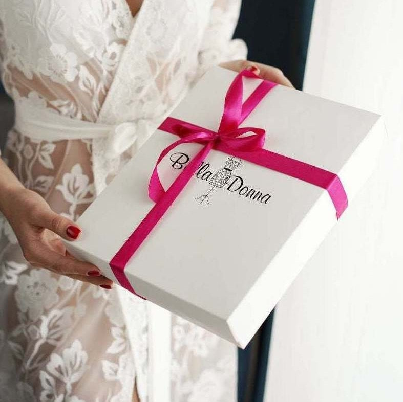 BellaDonnaUa gift box with pink ribbon – packaging for the fuchsia silk satin kimono robe