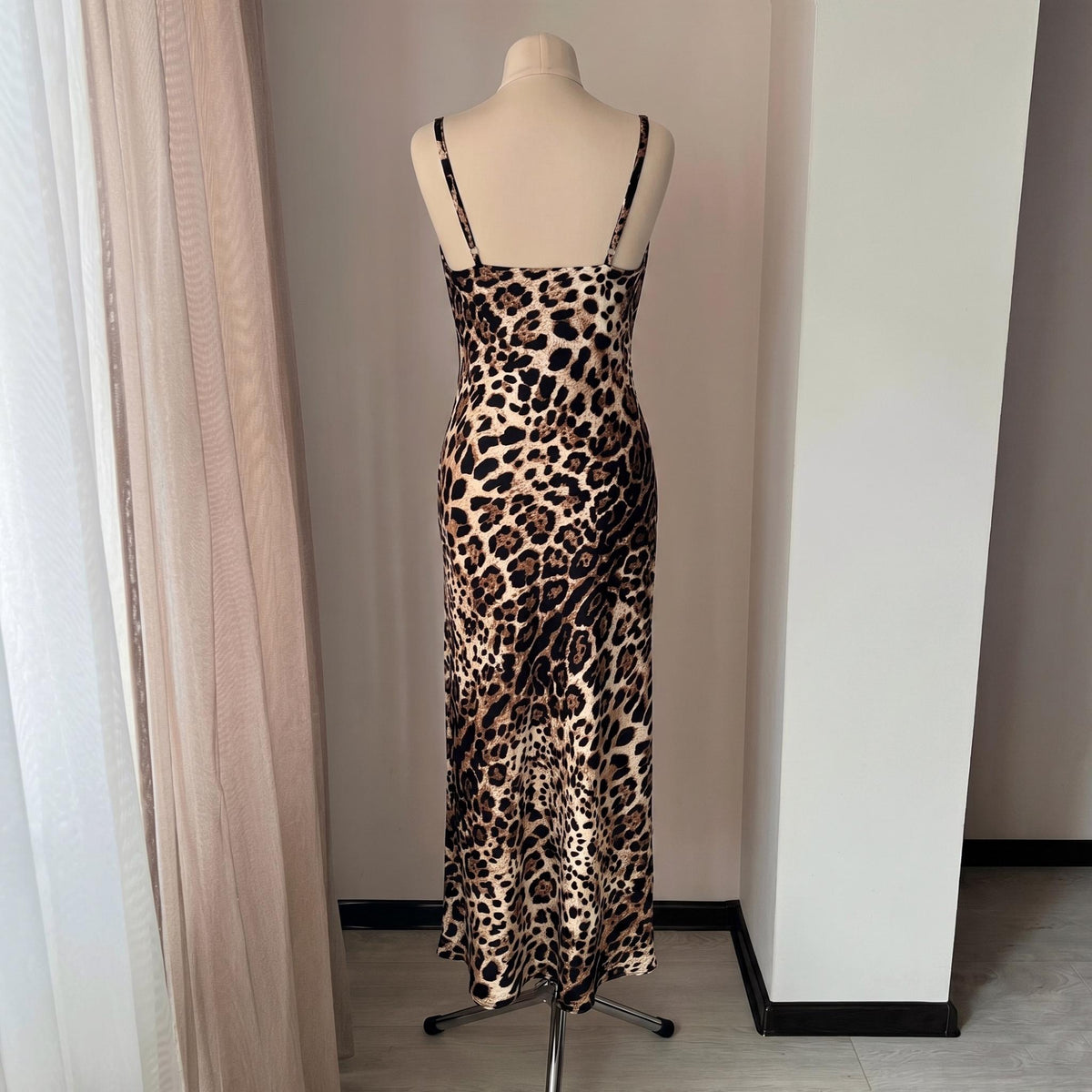Full length leopard satin nightgown with graceful drape and soft cowl neckline
