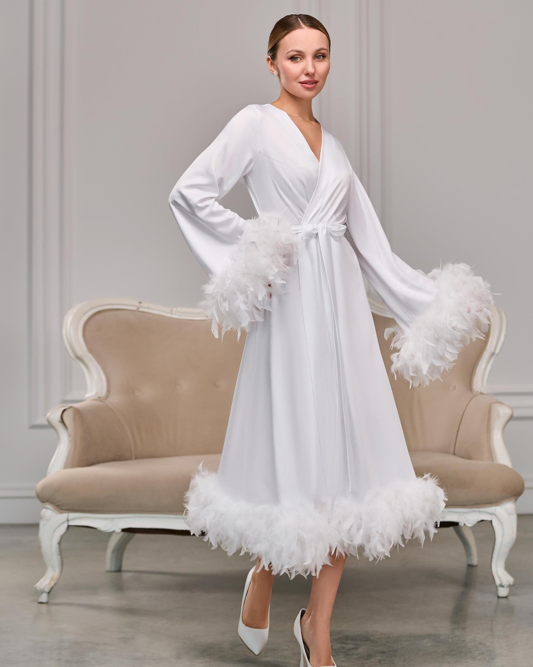 Dramatic Feather Robe White bridal robe with feather trim | Handmade ️ – BellaDonnaUa
