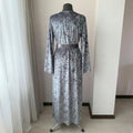 Silver gray crushed velvet robe worn by model, back view
