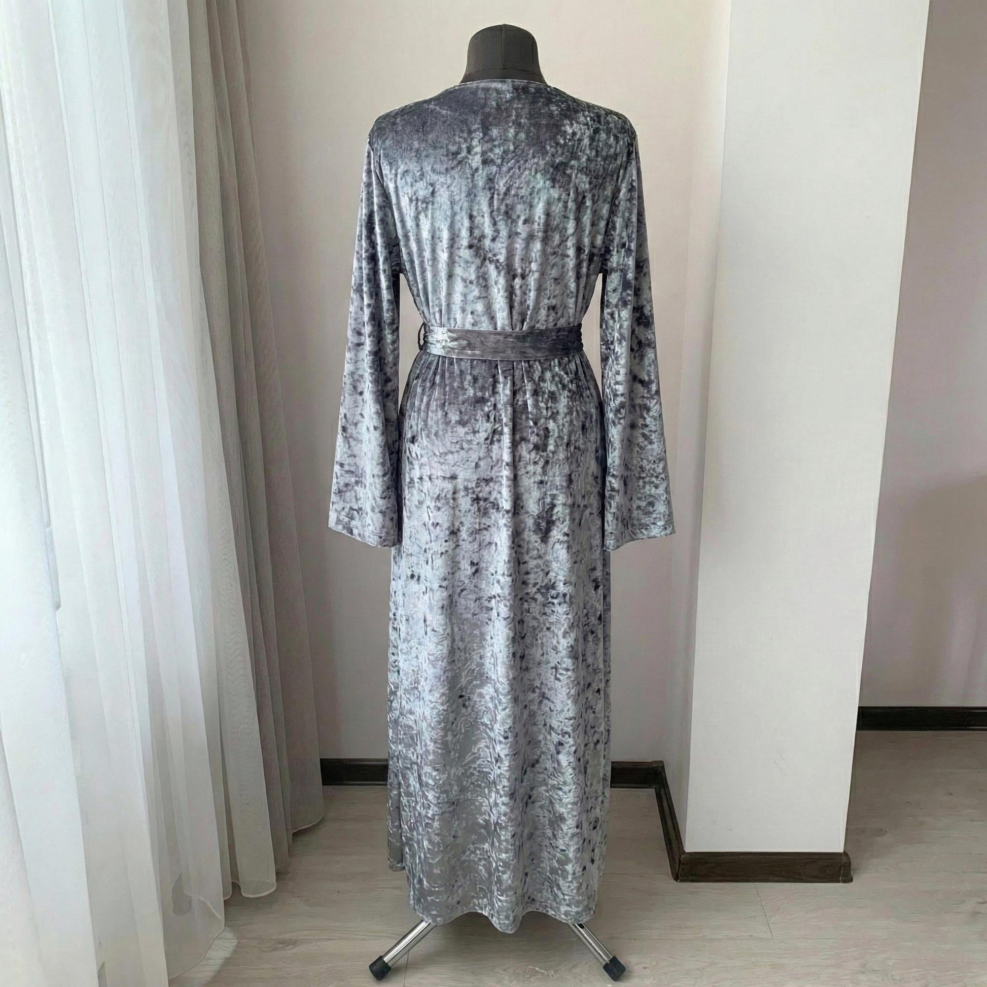 Silver gray crushed velvet robe worn by model, back view