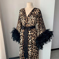 Handmade long leopard kimono dressing gown with black feather-trimmed sleeves
