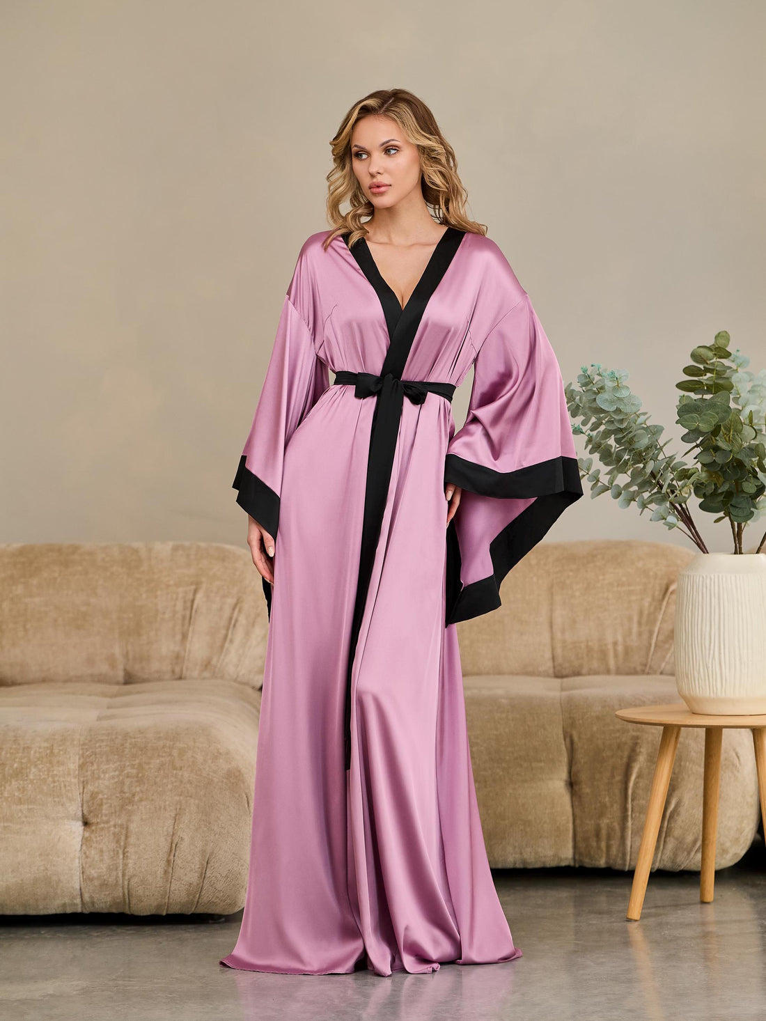 Floor length purple satin bridal dressing gown with contrast black trim and wide sleeves