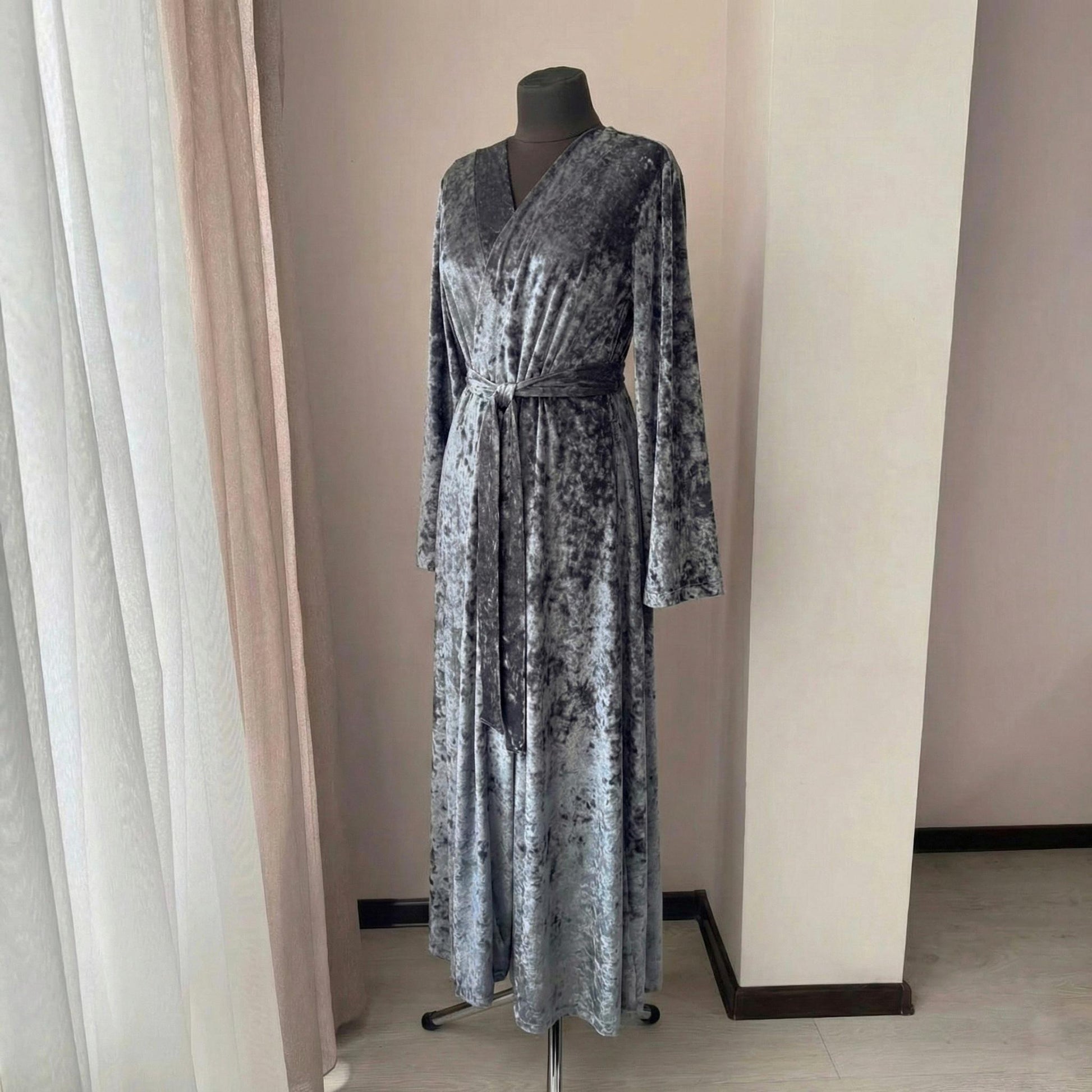 Silver gray crushed velvet robe styled as elegant loungewear at home