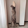 Long silky satin leopard print sleep dress with distinctive draped neckline