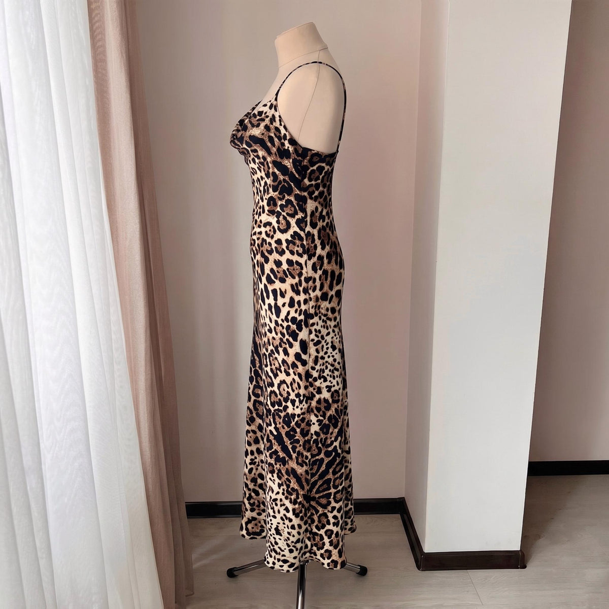 Long silky satin leopard print sleep dress with distinctive draped neckline