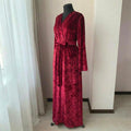 Crushed velvet burgundy robe close-up of wide waist belt