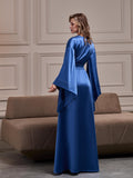 Back view of a long navy blue satin kimono robe with wide sleeves